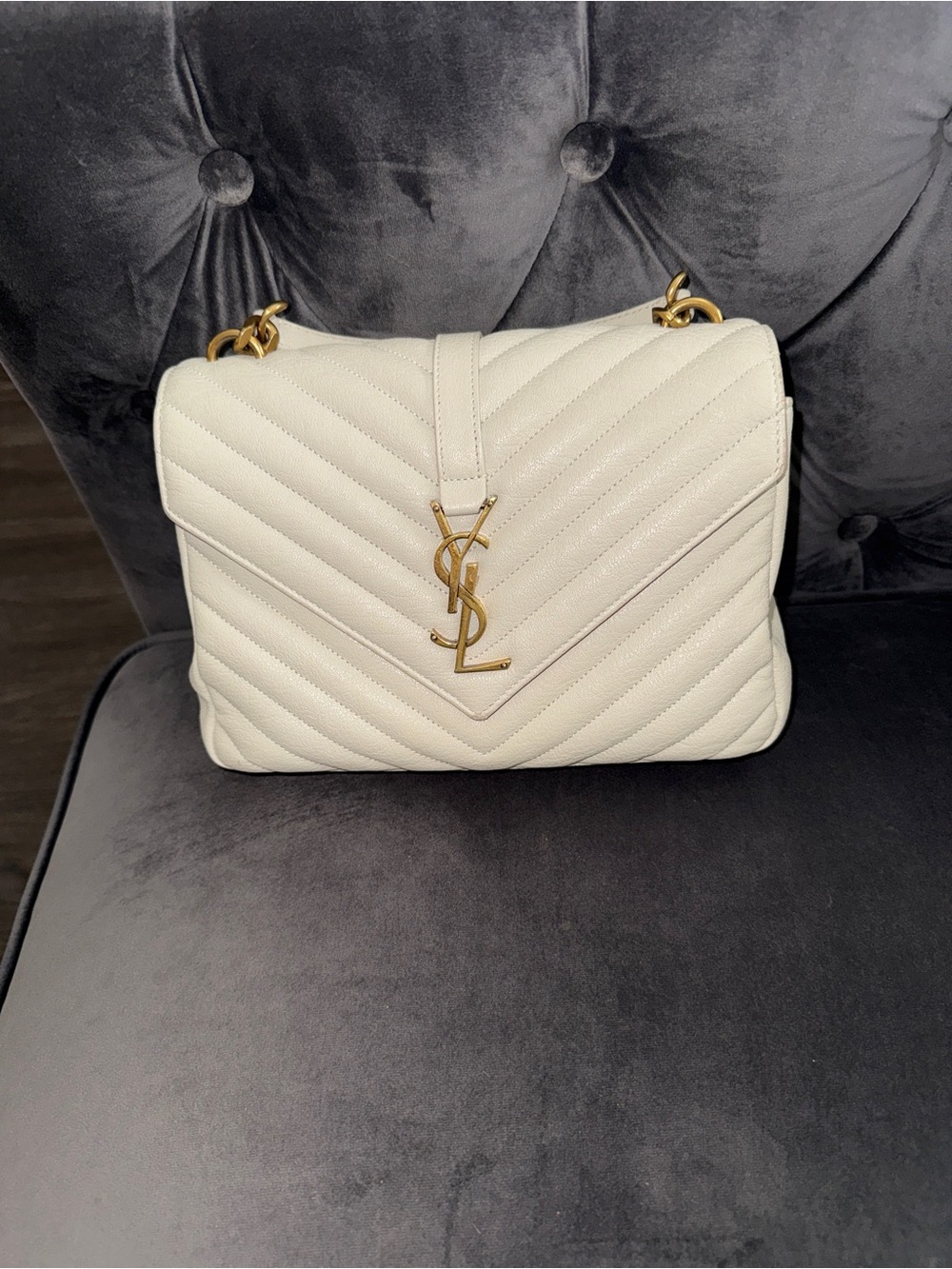 Saint Laurent Cream Quilted Leather Shoulder Bag with Gold YSL Hardware
